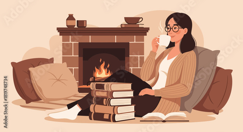Cozy reading nook with a woman enjoying a hot beverage by the fireplace