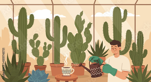 Greenhouse Serenity: A Man's Leisurely Watering Ritual Amidst Thriving Cacti