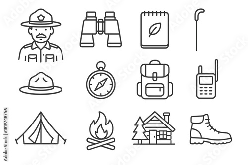 Wilderness Guardian Icons. Line style icons of wilderness guardians: park ranger, binoculars, field notebook, walking stick;