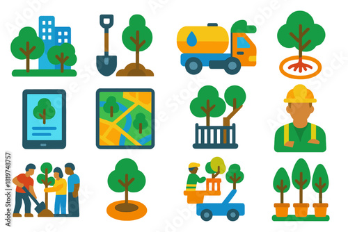 Urban Forestry Icons. Flat vector icons of urban forestry management: city park trees, tree planting shovel, watering truck, root