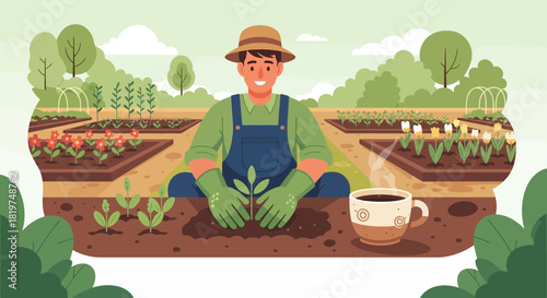 Joyful gardener tending to vibrant garden, with a refreshing coffee break