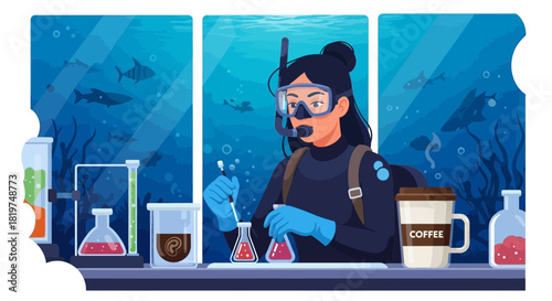 Conceptual artwork showing marine biologist conducting research with coffee break