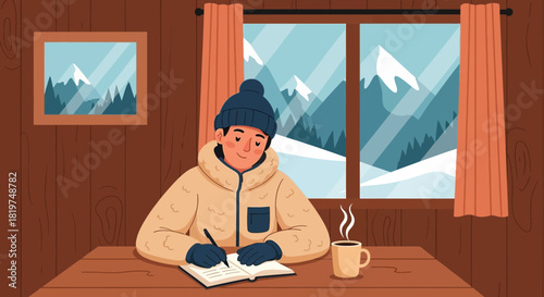 Cozy cabin scene: Man journaling with mountain view and steaming beverage