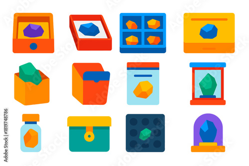 Mineral Storage Icons. Flat vector icons of Mineral Storage: specimen drawer, cotton-lined box, partitioned tray, labeled case,