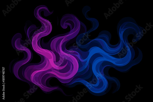 Vibrant Smoke Swirls. Colorful abstract smoke swirling against a black background, vibrant purples and blues blending dynamically,