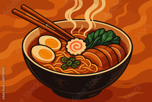 Inviting Ramen Bowl. Steaming bowl of ramen with colorful toppings, chopsticks resting on the bowl, rich textures, vector