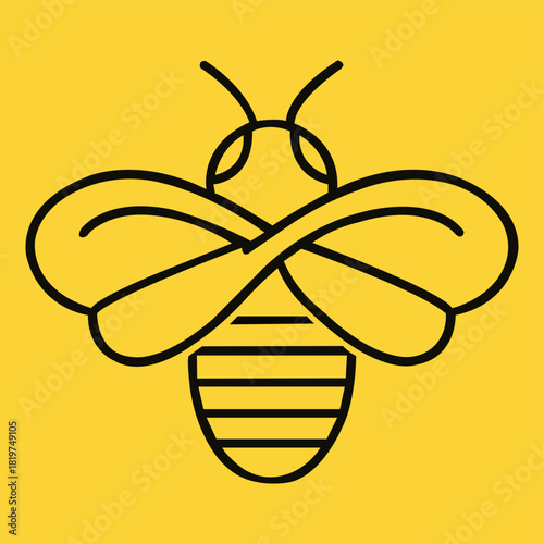 A simple black outline drawing of a bee with wings crossed on a yellow background illustration