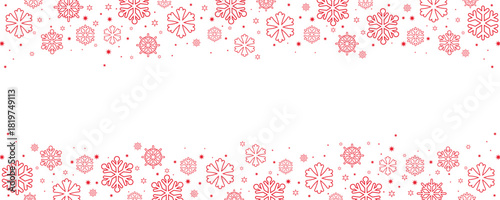 "Horizontal border design featuring a seamless pattern of red snowflakes and stars on a clean white background. This festive header or footer offers copy space in the center, perfect for winter and Ch