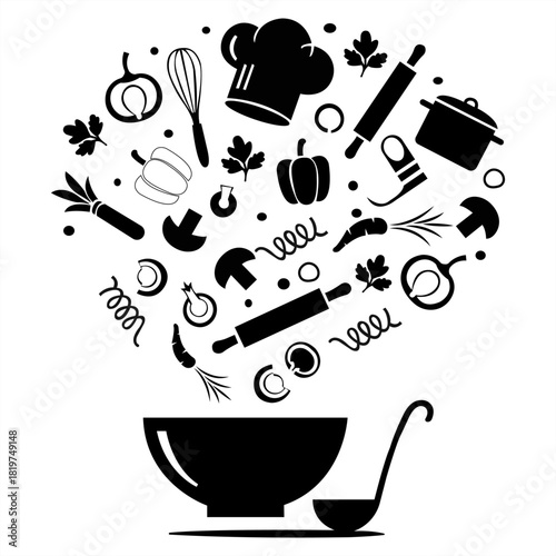 Black and white illustration of cooking tools and ingredients falling into a bowl with a ladle nearby