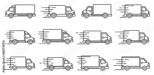 Twelve line art depictions of delivery trucks in varying states of motion on a white background