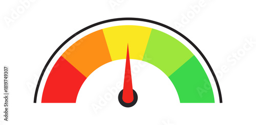 A speedometer with a red needle pointing towards the middle of the yellow section of the gauge