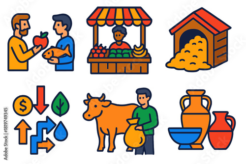 Economic Systems Icons. Isometric vector illustration set Economic Systems: bartering exchange, market stall, communal granary,