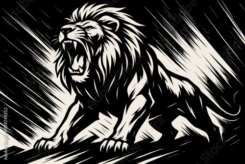 Roaring Lion Art. Artistic black-and-white image of a lion roaring in vector illustration a dramatic pose, sharp contrasts, bold