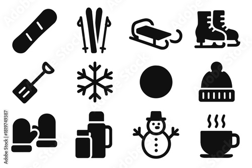 Winter Activity Icons. Solid style icons of Winter activities: snowboard, skis, sled, ice skates, snow shovel, snowflake, snowball
