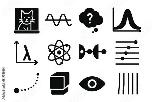 Quantum Mechanics Icons. Solid style icons of Quantum mechanics: Schrödinger cat, wavefunction curve, uncertainty cloud,