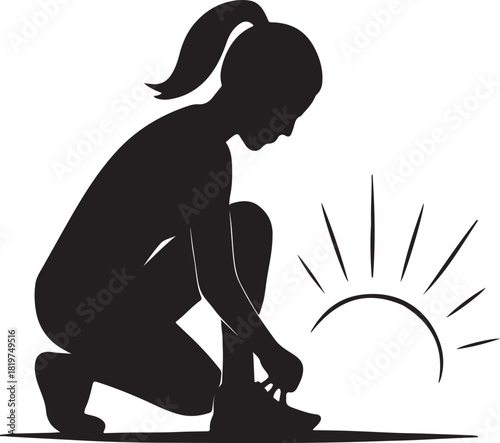 Woman tying shoelace at sunrise, preparing for morning activity Vector