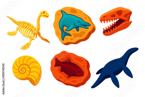 Extinct Marine Fossils. Isometric vector illustration set Extinct Marine Reptiles: plesiosaur skeleton, ichthyosaur fossil,