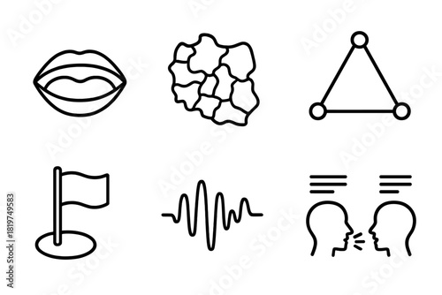 Regional Accent Icons. Line style icons of Regional Accent Variations: mouth shape diagram, map with accent zones, vowel shift