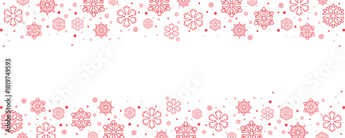 "Horizontal border design featuring a seamless pattern of red snowflakes and stars on a clean white background. This festive header or footer offers copy space in the center, perfect for winter and Ch