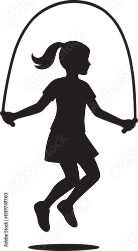 Girl jump rope silhouette. child active play. fun exercise game. Vector