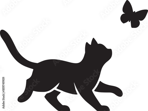 Curious cat silhouette observing a butterfly with playful gaze Vector