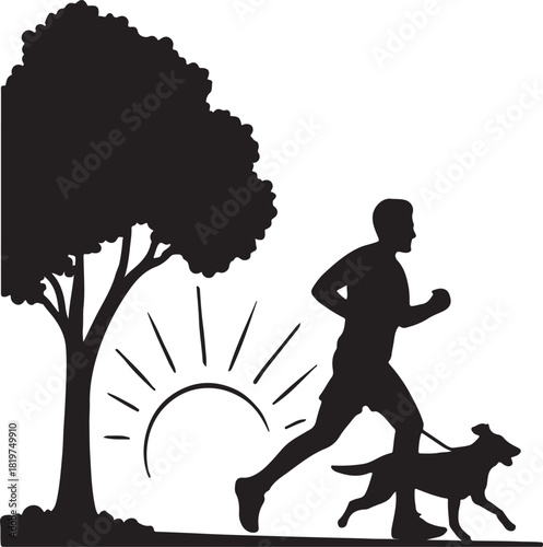 Runner and pet dog exercising in nature with sunrise or sunset Vector