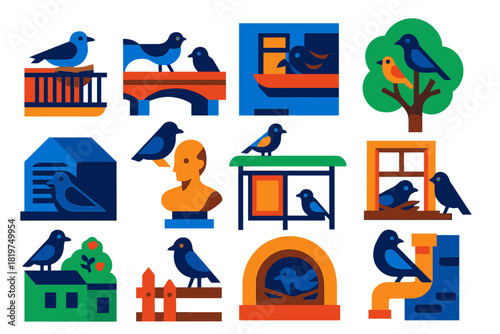 City Bird Habitat Icons. Flat vector icons of City Bird Habitats: balcony nest, bridge ledge perch, building gutter roost, park