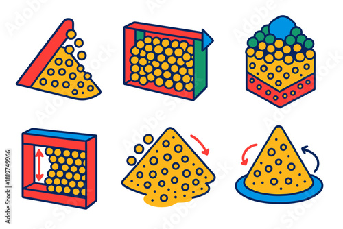 Granular Physics Dynamics. Isometric vector illustration set Physics of granular materials: sand avalanches, jamming transition,