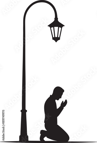 Man kneeling in prayer under a lamppost, spiritual silhouette Vector