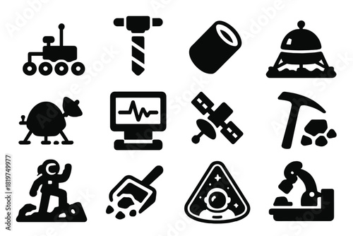 Space Exploration Icons. Solid style icons of space exploration geology: robotic rover, sample drill, rock core tube, lander on