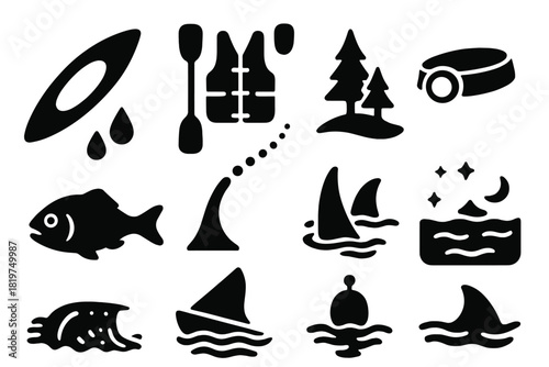 Night Kayaking Icons. Solid style icons of Night kayaking: kayak silhouette, double paddle, life vest, headlamp, water droplets,