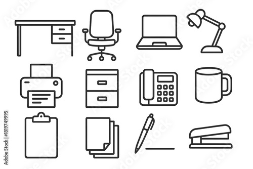 Line Style Office Icons. Line style icons of office workspace: desk, swivel chair, laptop, desk lamp; printer, filing cabinet,