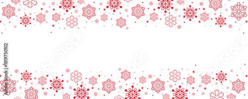 "Horizontal border design featuring a seamless pattern of red snowflakes and stars on a clean white background. This festive header or footer offers copy space in the center, perfect for winter and Ch