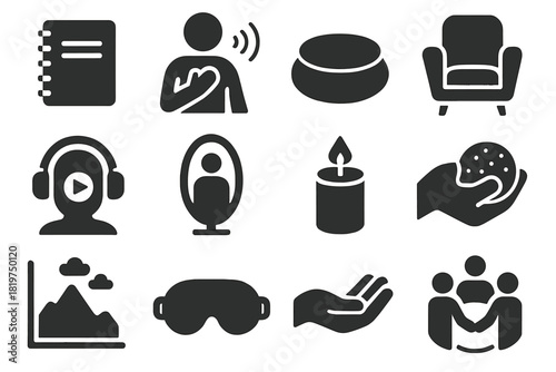 Mental Health Tools. Solid style icons of Mental health tools: journal notebook, breathing exercise, meditation cushion, therapist