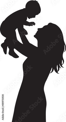 Mother lifting baby in air silhouette expressing love and joy Vector