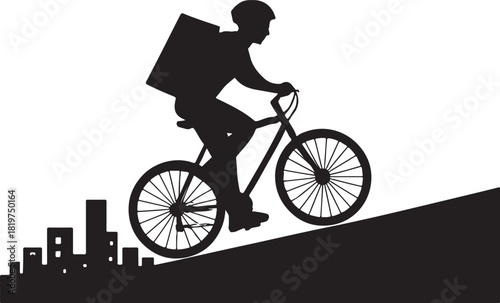 Delivery person on bicycle climbing city street simple vector Vector