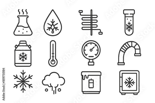 Cryogenic Science Icons. Line style icons of cryogenic science: liquid nitrogen flask, frozen droplet, cooling coil, frosted vial;