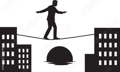 Businessman tightrope walking between buildings at sunset vector Vector