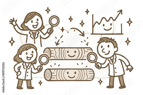 Playful Timeline Discovery. Cheerful doodle cross-dating timelines with happy researchers, cartoon tree cores aligned, smiling