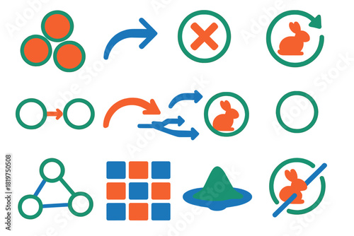 Metapopulation Dynamics Icons. Flat vector icons of metapopulation dynamics: habitat patch cluster, species dispersal arrow,