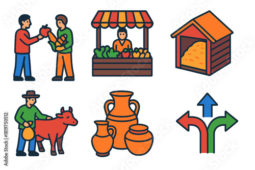 Economic Systems Icons. Isometric vector illustration set Economic Systems: bartering exchange, market stall, communal granary,