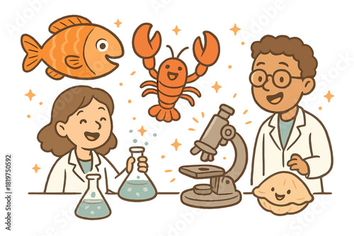 Joyful Seafood Lab. Friendly doodle seafood innovation lab with happy researchers, cartoon fish and shellfish smiling, cheerful