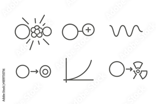 Star Particle Reactions Icons. Line style icons of Particle Reactions in Stars: colliding nuclei, positron emission, neutrino icon