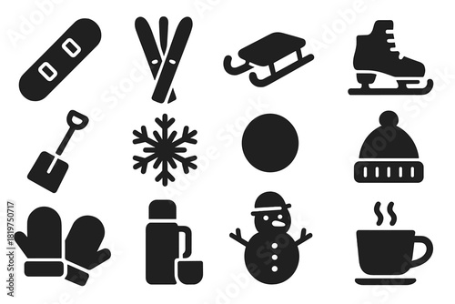 Winter Activity Icons. Solid style icons of Winter activities: snowboard, skis, sled, ice skates, snow shovel, snowflake, snowball