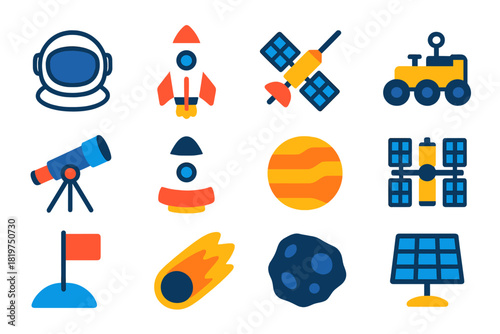 Space Exploration Icons. Flat vector icons of Space Exploration: astronaut helmet, rocket, satellite, rover, telescope, space