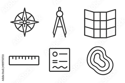 Cartography Tools Icons. Line style icons of Cartography Tools: compass rose, drafting pen, paper map grid, scale ruler, map key,