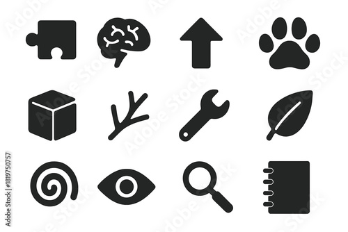Animal Learning Icons. Solid style icons of learning and cognitive development in animals: puzzle, brain, arrow, paw print, cube,