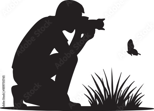 Photographer capturing a butterfly in nature, wildlife hobby Vector