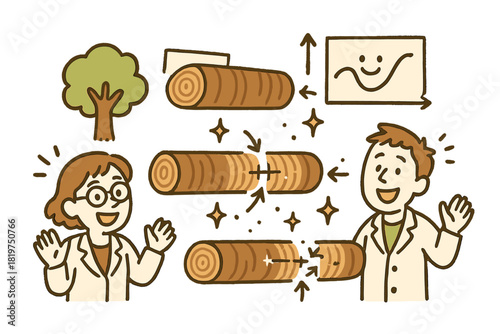 Playful Timeline Discovery. Cheerful doodle cross-dating timelines with happy researchers, cartoon tree cores aligned, smiling