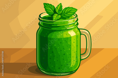 Green Smoothie Delight. Vibrant green smoothie in a modern glass jar garnished with fresh mint leaves, vector illustration